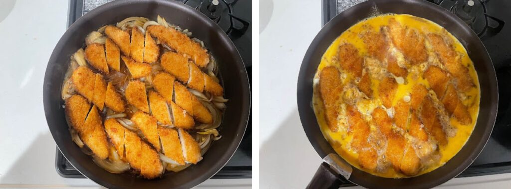 玉ねぎを入れた鍋に、カツを入れて、卵を回しかけた写真。
