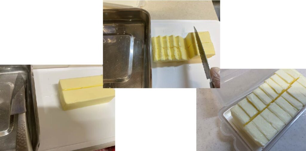バターをお湯であたためたペティナイフで切る様子