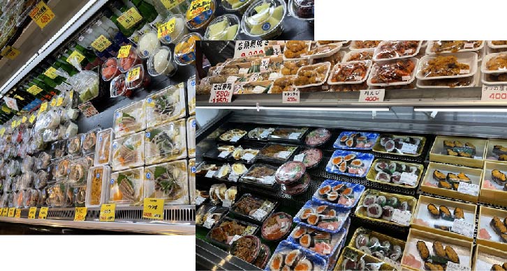 ショーケースに並んだ惣菜の数々。うつぼや川海老、鯨など、変わったものが多い。